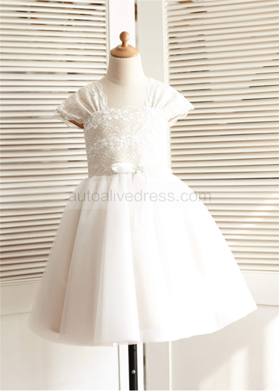 Ivory Lace Tulle Cap Sleeves Champagne Lining Knee Length Flower Girl Dress 